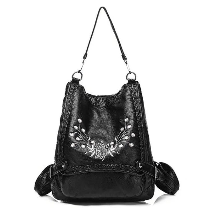 Soft leather embroidered schoolbag