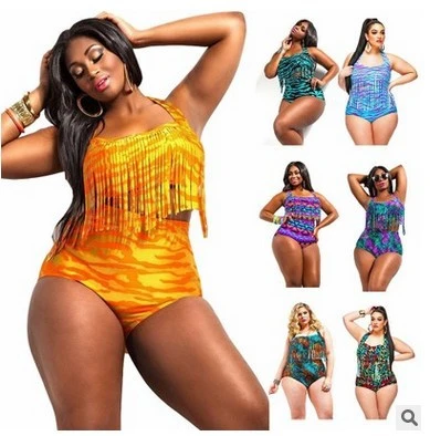 Europe and the United States plus fertilizer XL high waist bikini sexy color tassel swimsuit