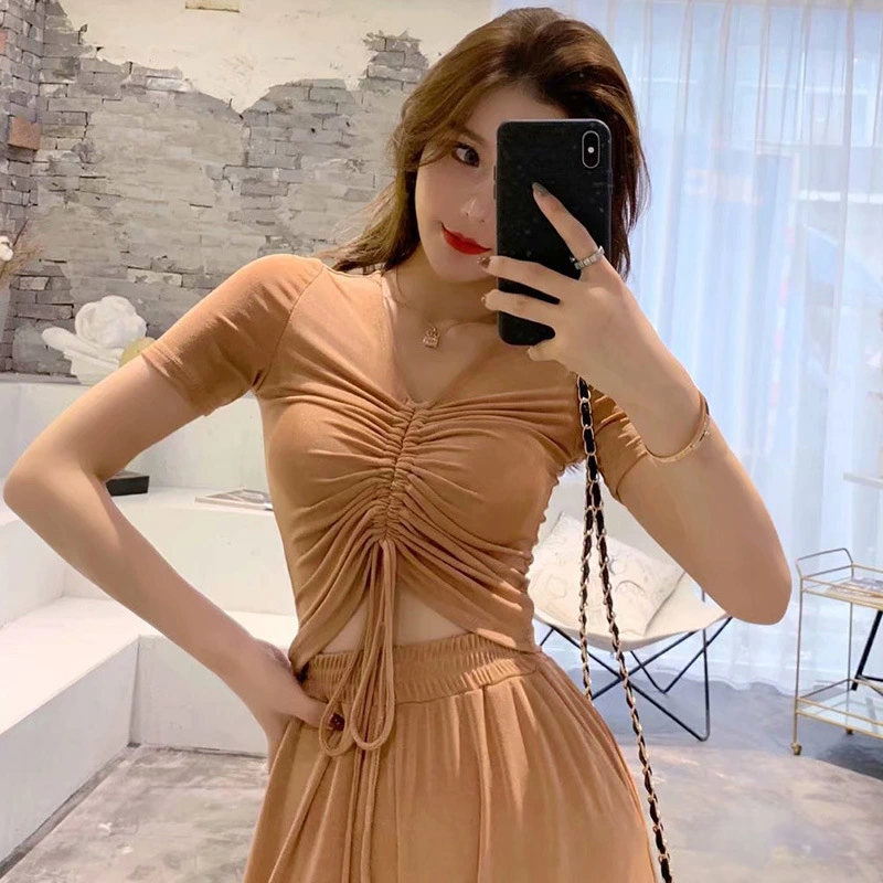 Summer 2021 Korean version of Mingyuan temperament pull-rope short sleeve T-shirt + 100 sets of loose waist, wide legs and trousers two-piece Suite