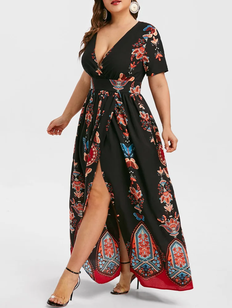 2021 cross-border explosion models summer women's new AliExpress Zinc fashion print large size V-neck dress