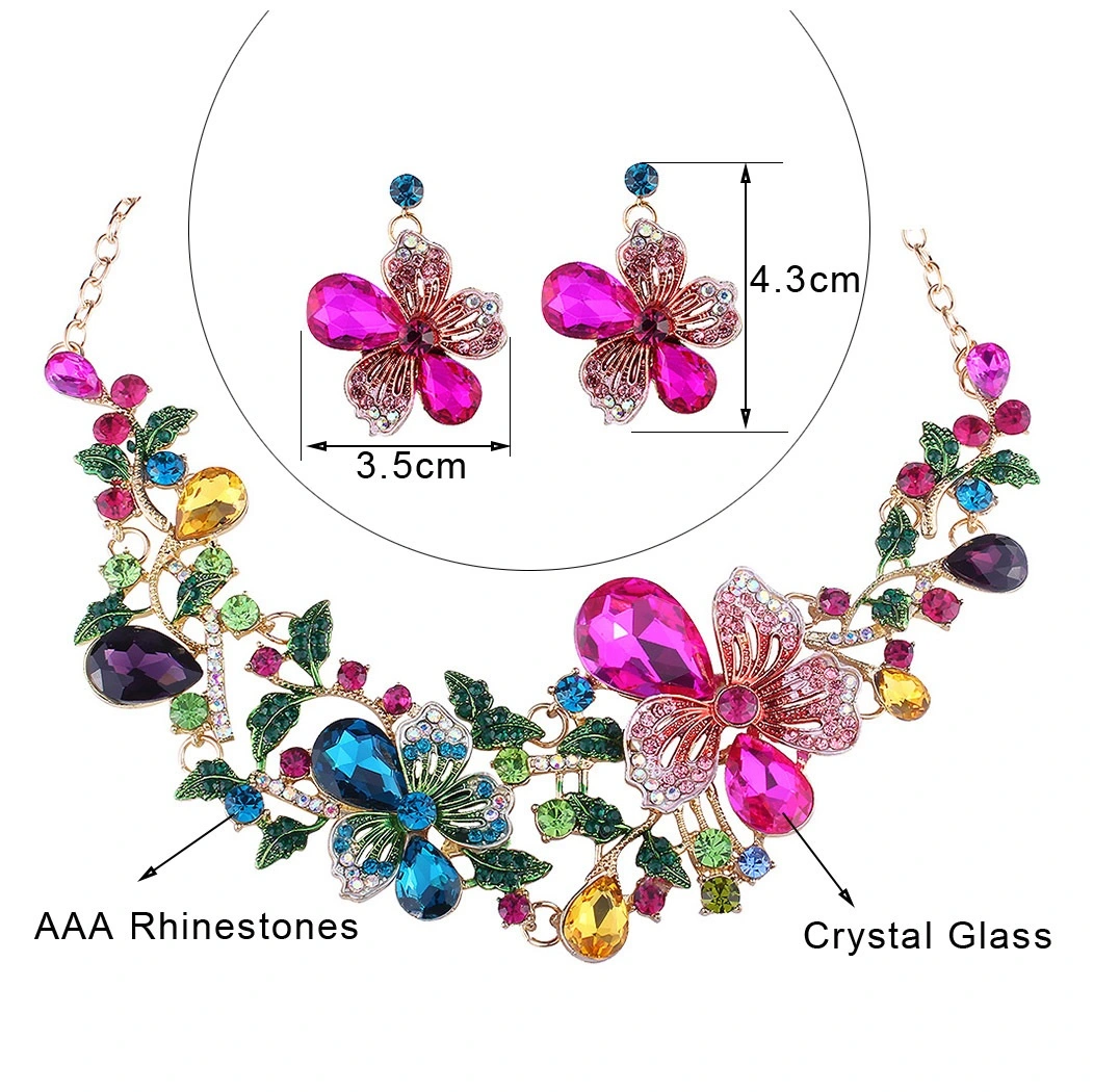 Colorful Flower Crystal Diamond Short Clavicle Necklace Earring Set