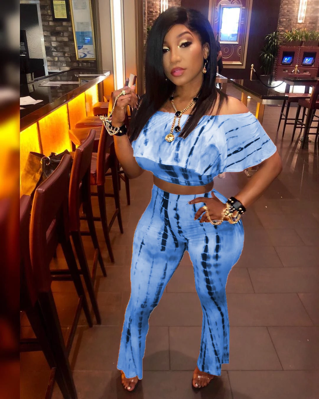 Tie-dye word shoulder wide-leg pants suit