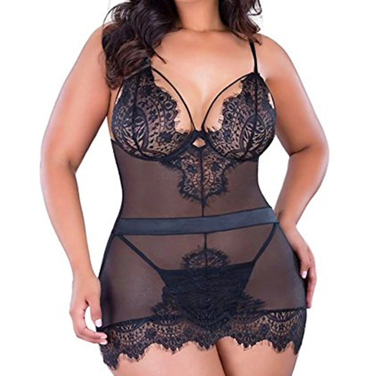 European and American erotic underwear Foreign trade cross-border supply mesh splicing hollow eyelash lace sexy strap nightdress
