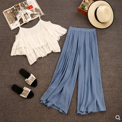 Summer Korean version of the smallstudents carefully machine bf leaking shoulders high waist wide leg pants playful two-piece suit women