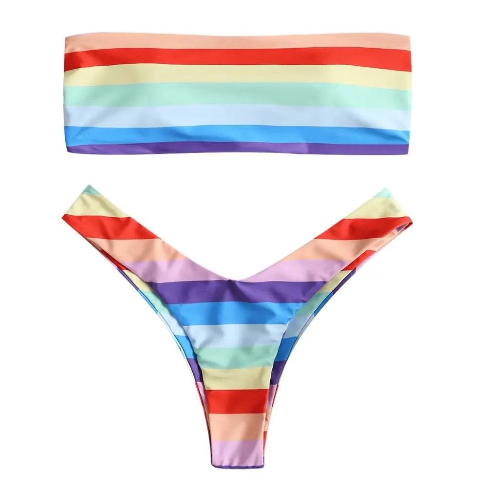 New Women High Cut Bandeau Bikini Set Rainbow Swimwear Women Swimsuit Strapless Bikini Padded Bathing Suit Brazilian Biquni