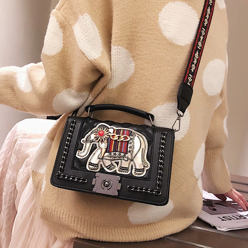 Embroidered elephant wide shoulder strap crossbody bag