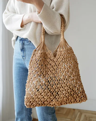 Fashion Popular Woven Bag Mesh Rope Weaving Tie Buckle Reticulate Hollow Straw Bag No Lined Net Shoulder Bag