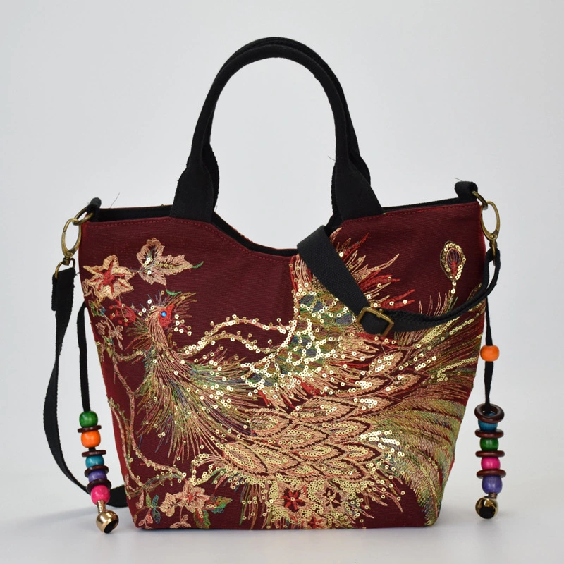 Canvas peacock embroidery small handbag