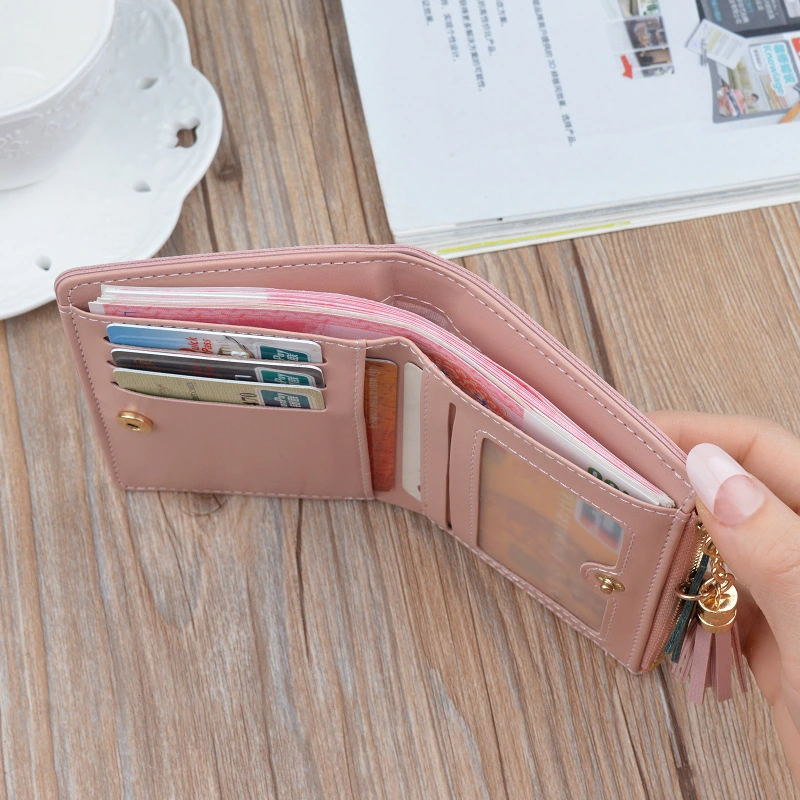 Stitching contrast color short wallet fringe zipper multi-card position purse