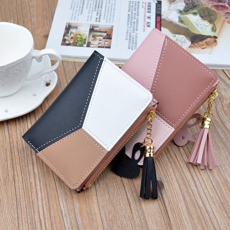 Stitching contrast color short wallet fringe zipper multi-card position purse