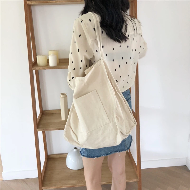 Korean style retro canvas bag chic wild large capacity casual thick cloth bag portable green shopping bag