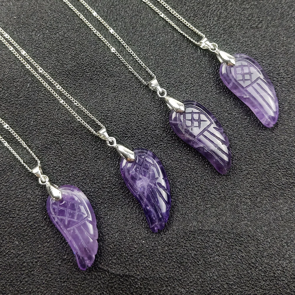 Natural Amethyst Necklace Carved Angel Wing Pendant
