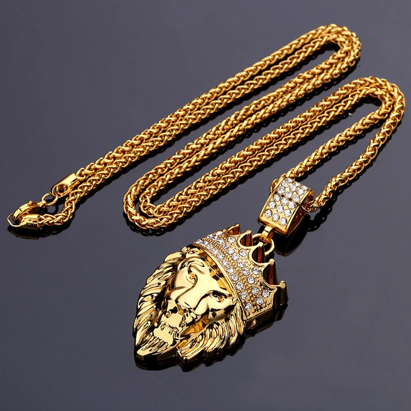 Hip Hop Animal Lion King Crown Pendant Necklace Man Steampunk Gold Color Alloy 75cm Chain Inlay Rhinestone Fashion Jewelry WE02