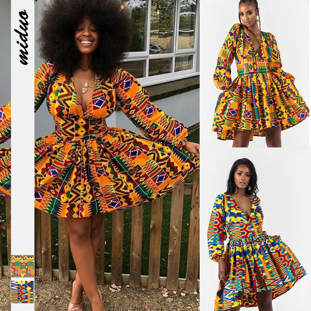 Ethnic style digital printing women's long-sleeved V-neck dress