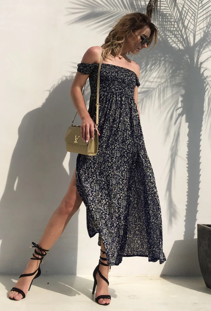 USA SIZE Sexy wrapped chest with a shoulder floral dress and a split skirt