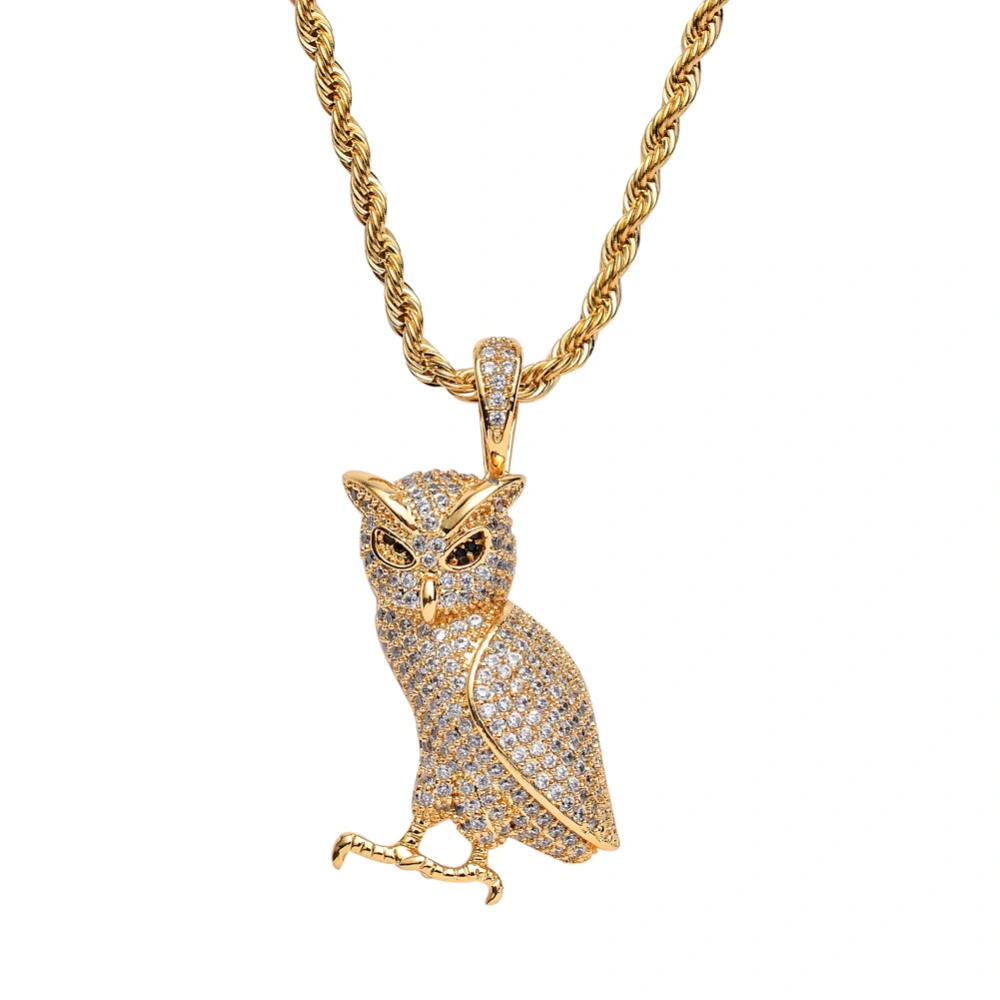 Copper Inlaid Zircon Owl Pendant Necklace