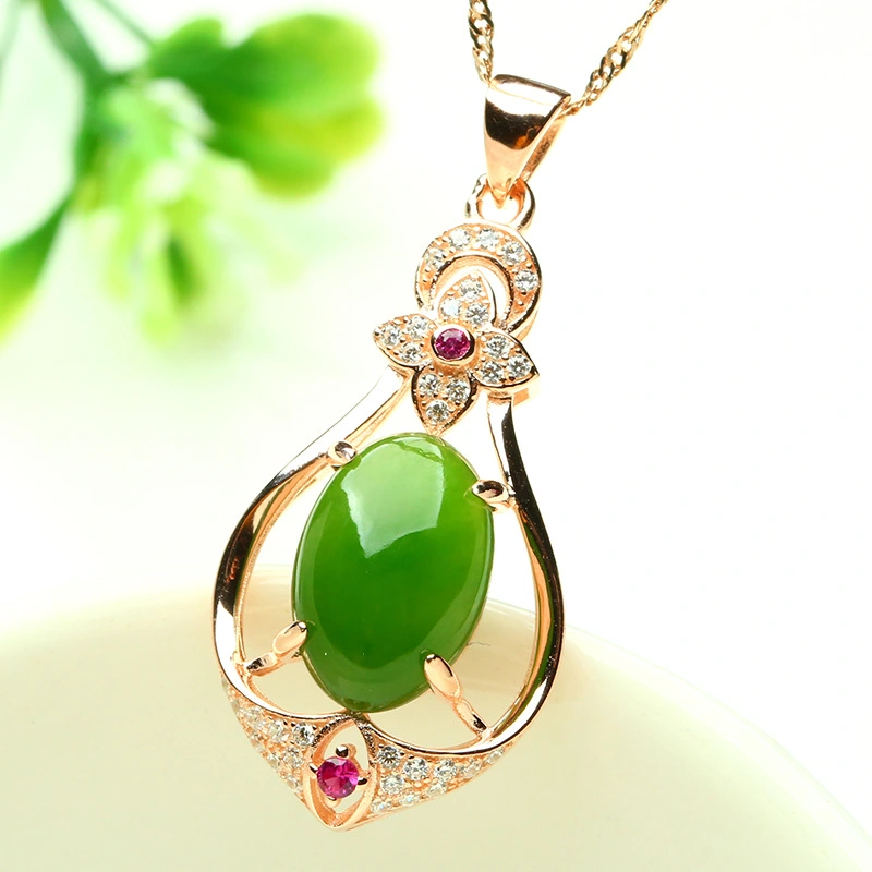Silver plated rose gold inlaid with natural jade Jasper Pendant, fashionable female and Hetian jade necklace, jade pendant ornaments