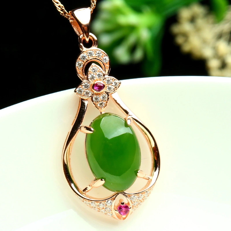 Silver plated rose gold inlaid with natural jade Jasper Pendant, fashionable female and Hetian jade necklace, jade pendant ornaments