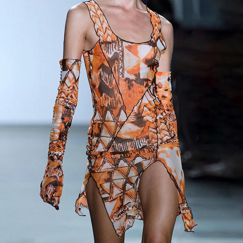 Printed stitching split strap halter dress