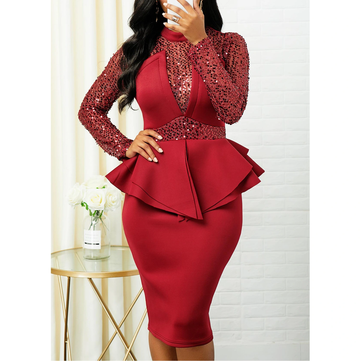 Mid-length High-waist Slim Shiny Ruffled Evening Dress