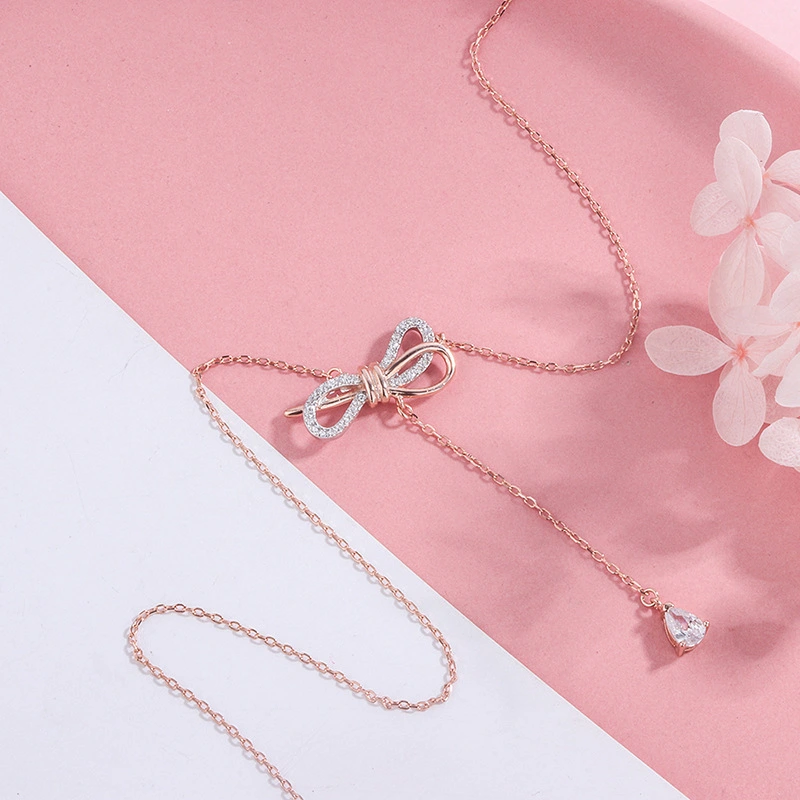 s925 silver diamond bow necklace