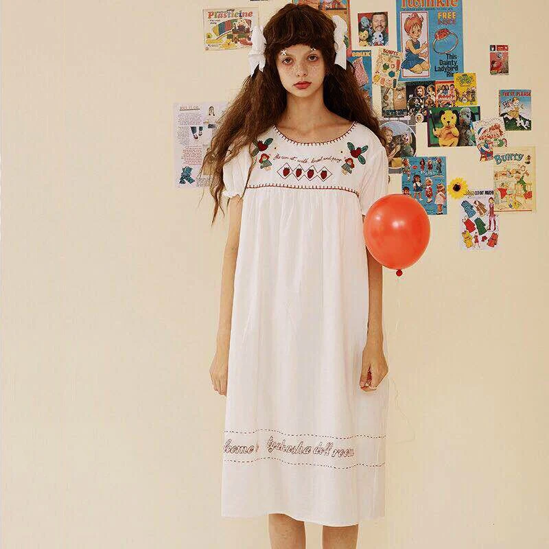 Japanese Academy wind 2021 summer new children's fun embroidery cotton and linen short-sleeved dress Women's wholesale