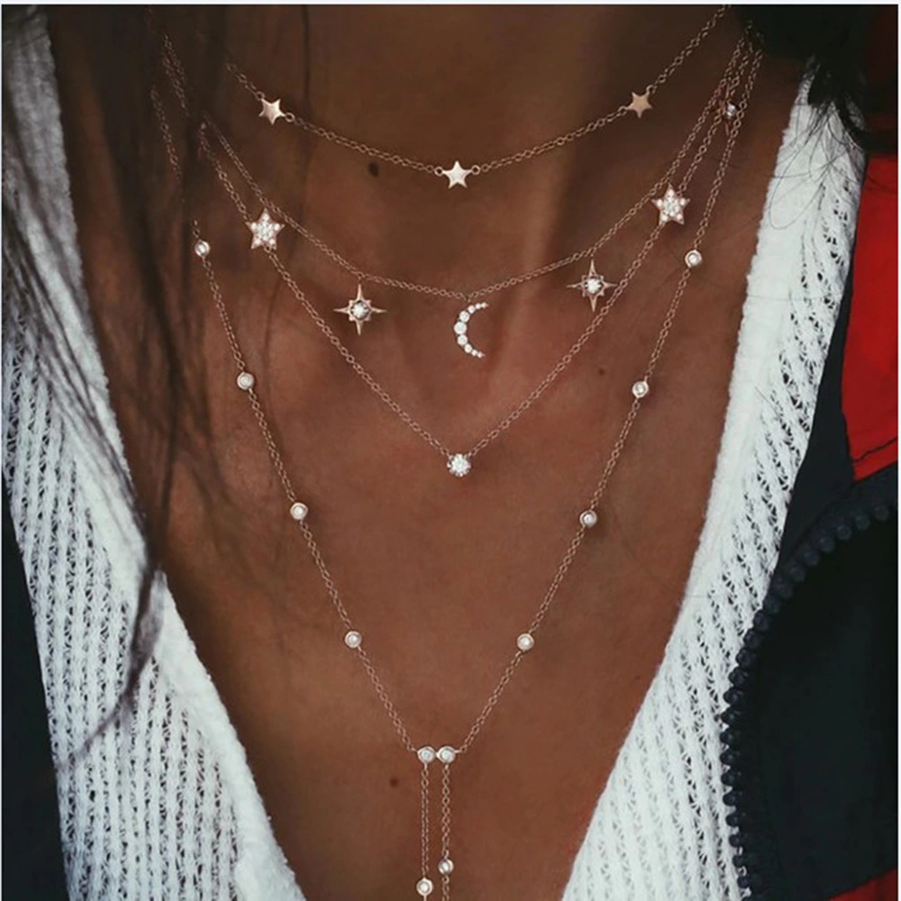 Retro Popular Multi-layer Alloy Full Diamond Moon Five-pointed Star Necklace