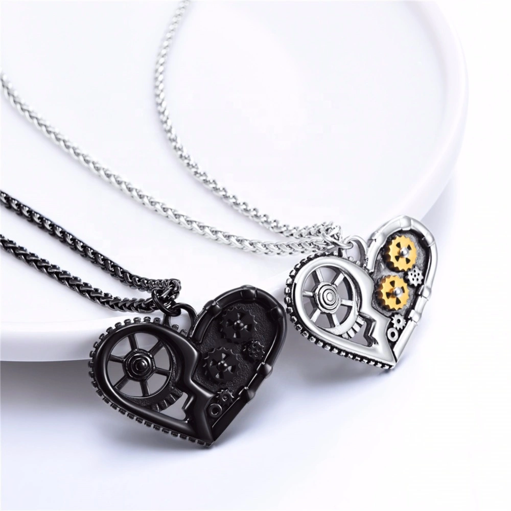 Quality Black Stainless Steel Mechanical Gear Heart Pendant Necklaces