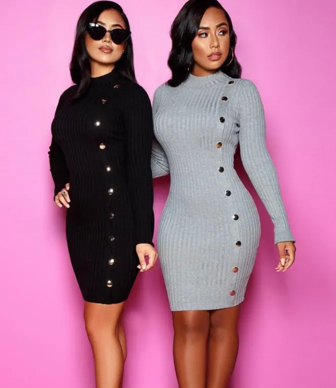 Women's long sleeve round neck slim dress