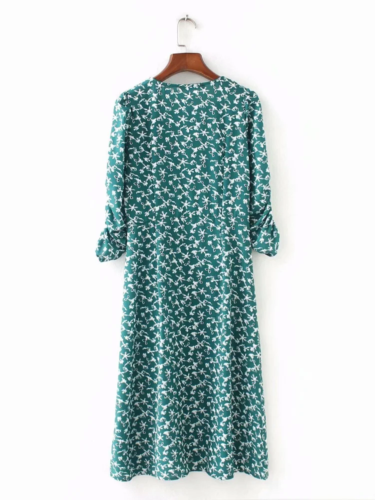 European and American women's fashion green flowers, pullover, lace-up dress, big swing skirt