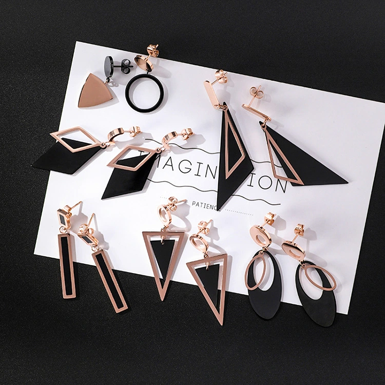 Japan and South Korea simple long tassel titanium steel earrings temperament triangle round geometric earrings