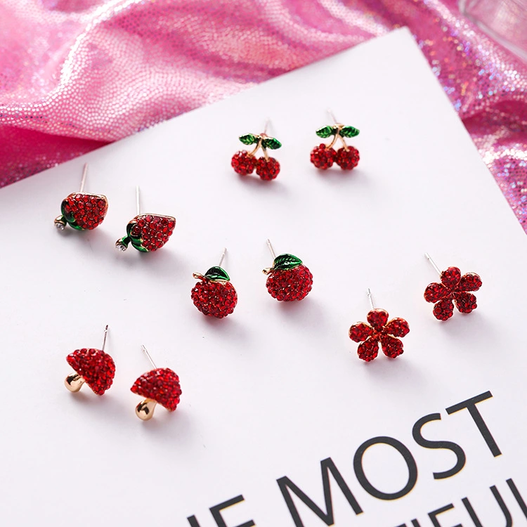 925 Silver Needle Festive Red Cherry Strawberry Fruit Stud Earrings Small Flowers Mushrooms Full Diamond Earrings