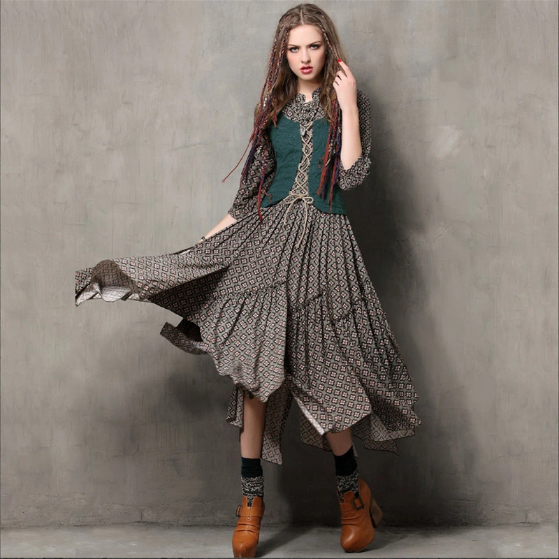 Autumn new print personalized dress Vintage button embroidery embroidered dress