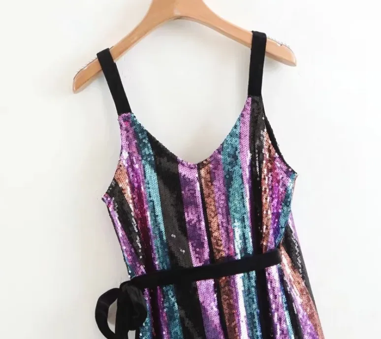 Vintage Envelope Style Coloured Sequins Strap Dress