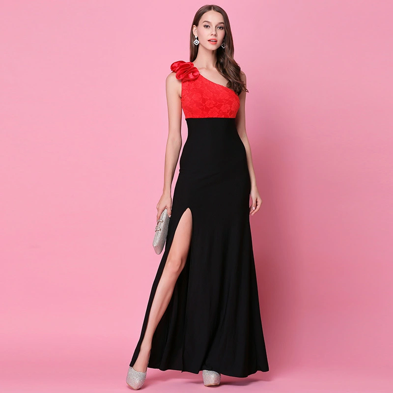 One shoulder lace slit long sexy dress