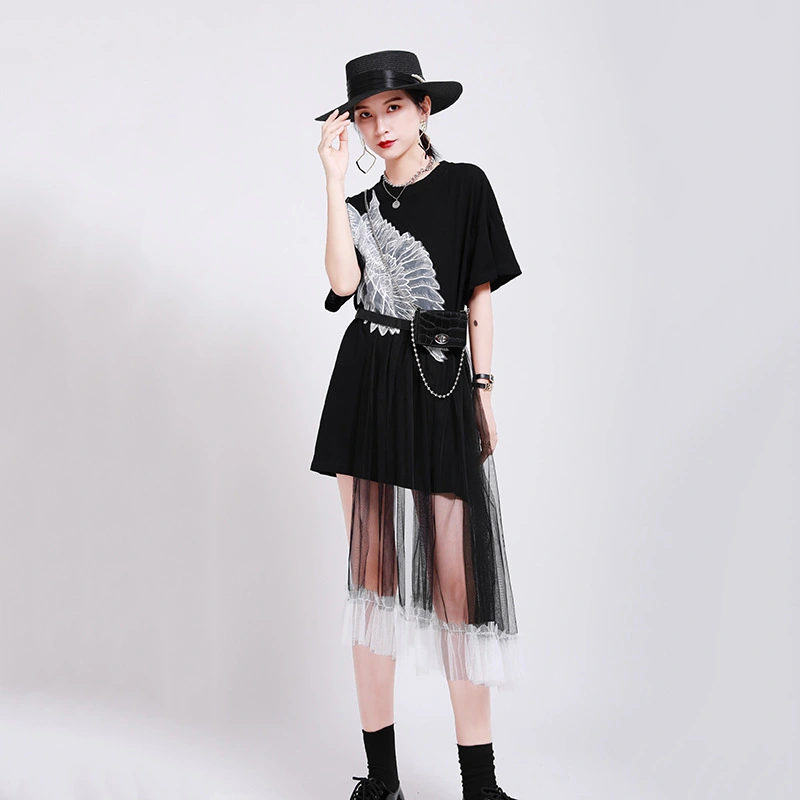 Angel wings mid-length loose stitching mesh dress