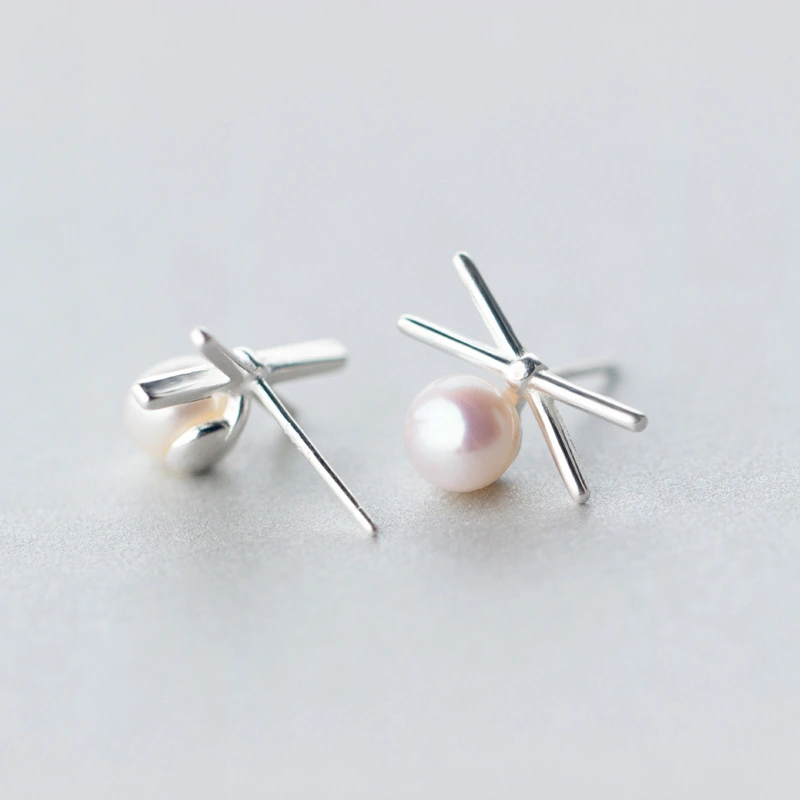 Cross Line Pearl Stud Earrings