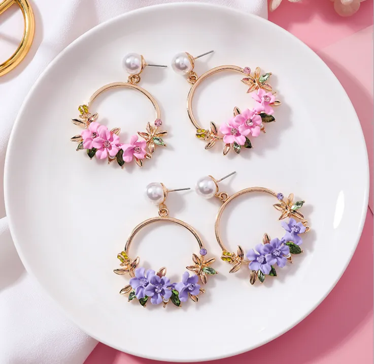 Fashion girl heart ceramic color crystal petal circle circle pearl earrings hit color national large flower earrings female