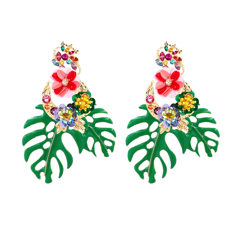 Europe and the United States cross-border earrings big name personality exaggerated sequins flowers leaves earrings alloy diamond earrings