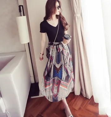 Summer women's new Korean short-sleeved printed chiffon dress female was thin V-neck long section waist