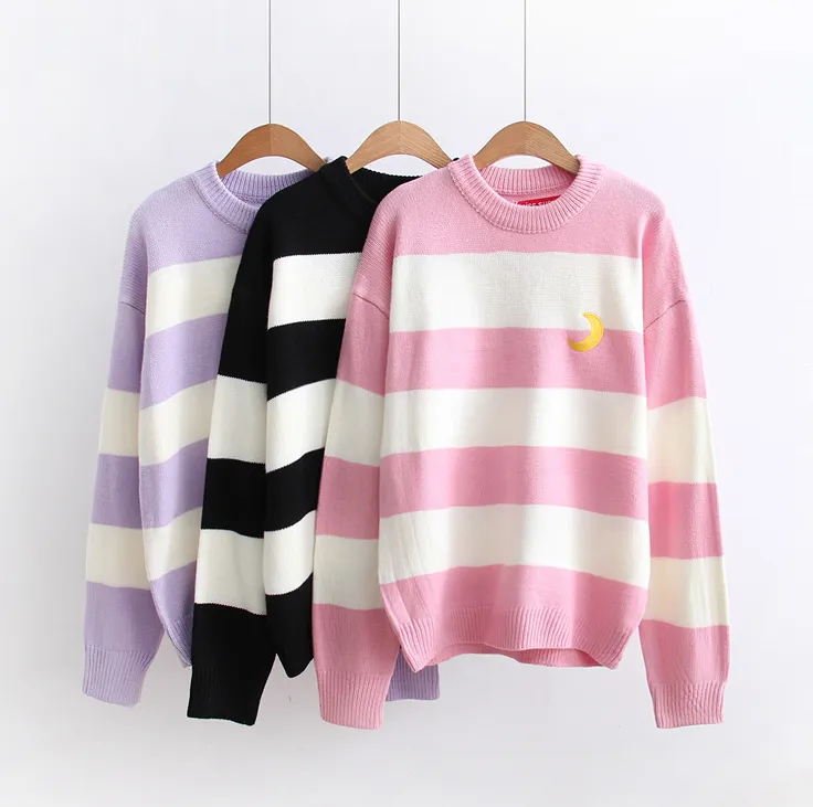 Autumn-winter Korean version of 100 sets of wide moon embroidery girl student knitted sweater Pullover