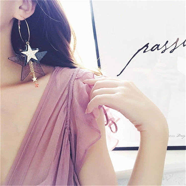 Korean Fashion Design Exaggerated Multiple  Diamond Sequins Five-pointed Stars Tassel Big Circle Earrings