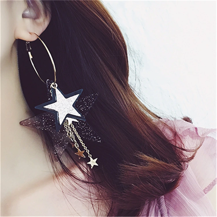 Korean Fashion Design Exaggerated Multiple  Diamond Sequins Five-pointed Stars Tassel Big Circle Earrings