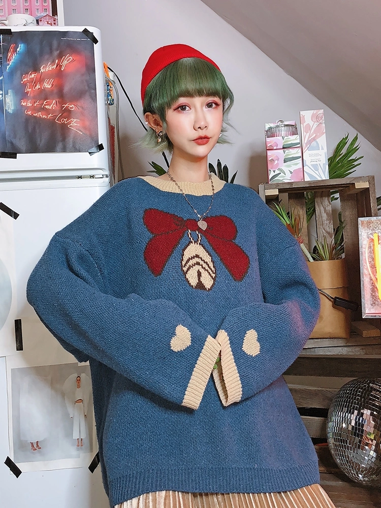2021 new Korean version of the cute Christmas big bow tie age sweater super fire female sweater