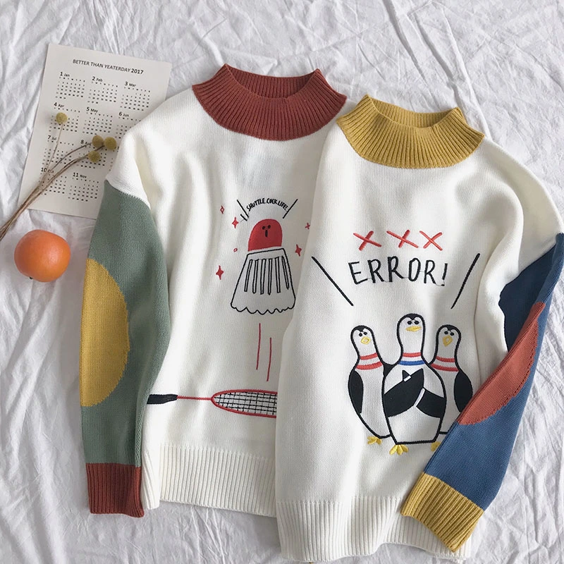 Cute sports elements small cartoon embroidery warm half-high collar slim versatile knit sweater