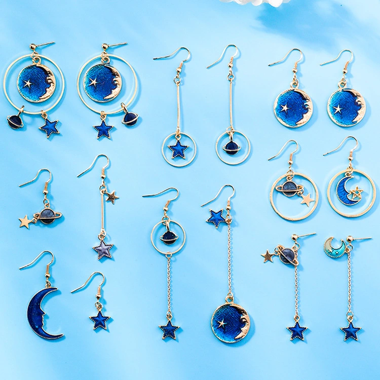 Blue stars moon earrings asymmetric planet geometry round long earrings ear clip women gift jewelry
