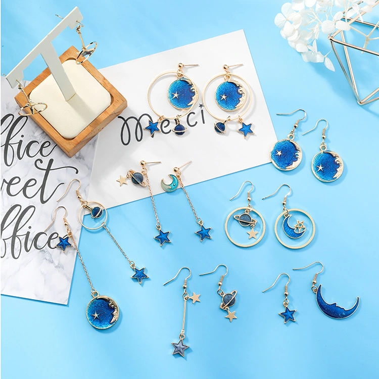 Blue stars moon earrings asymmetric planet geometry round long earrings ear clip women gift jewelry