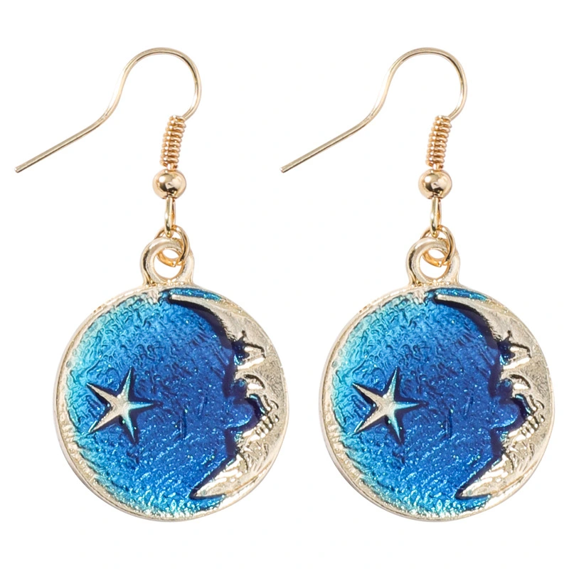 Blue stars moon earrings asymmetric planet geometry round long earrings ear clip women gift jewelry