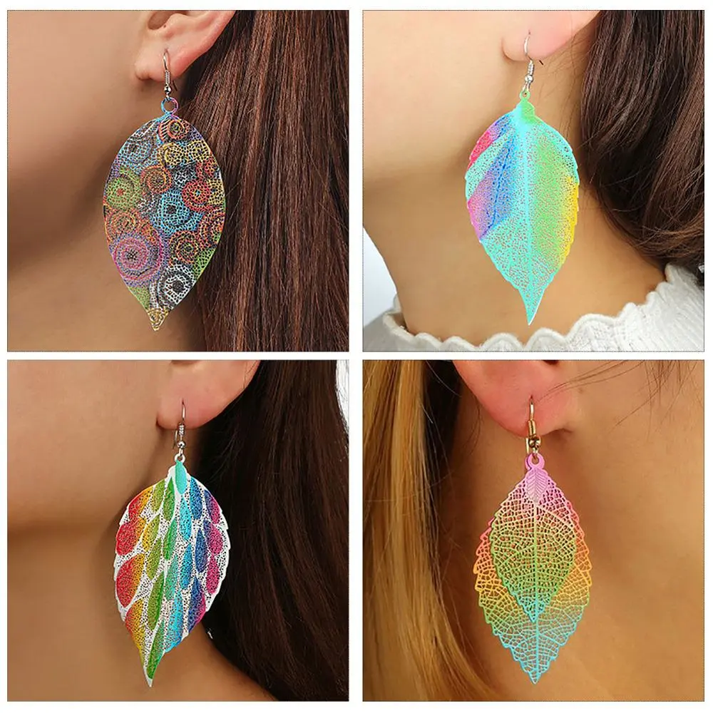 Hollow-Out Printed Seven Color Leaf Earring Female