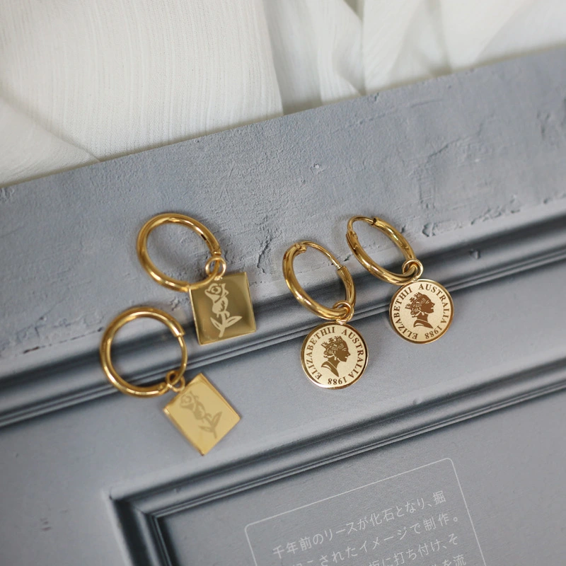 French Rose Flower Square Portrait Elizabeth Gold Coin Earrings Earrings